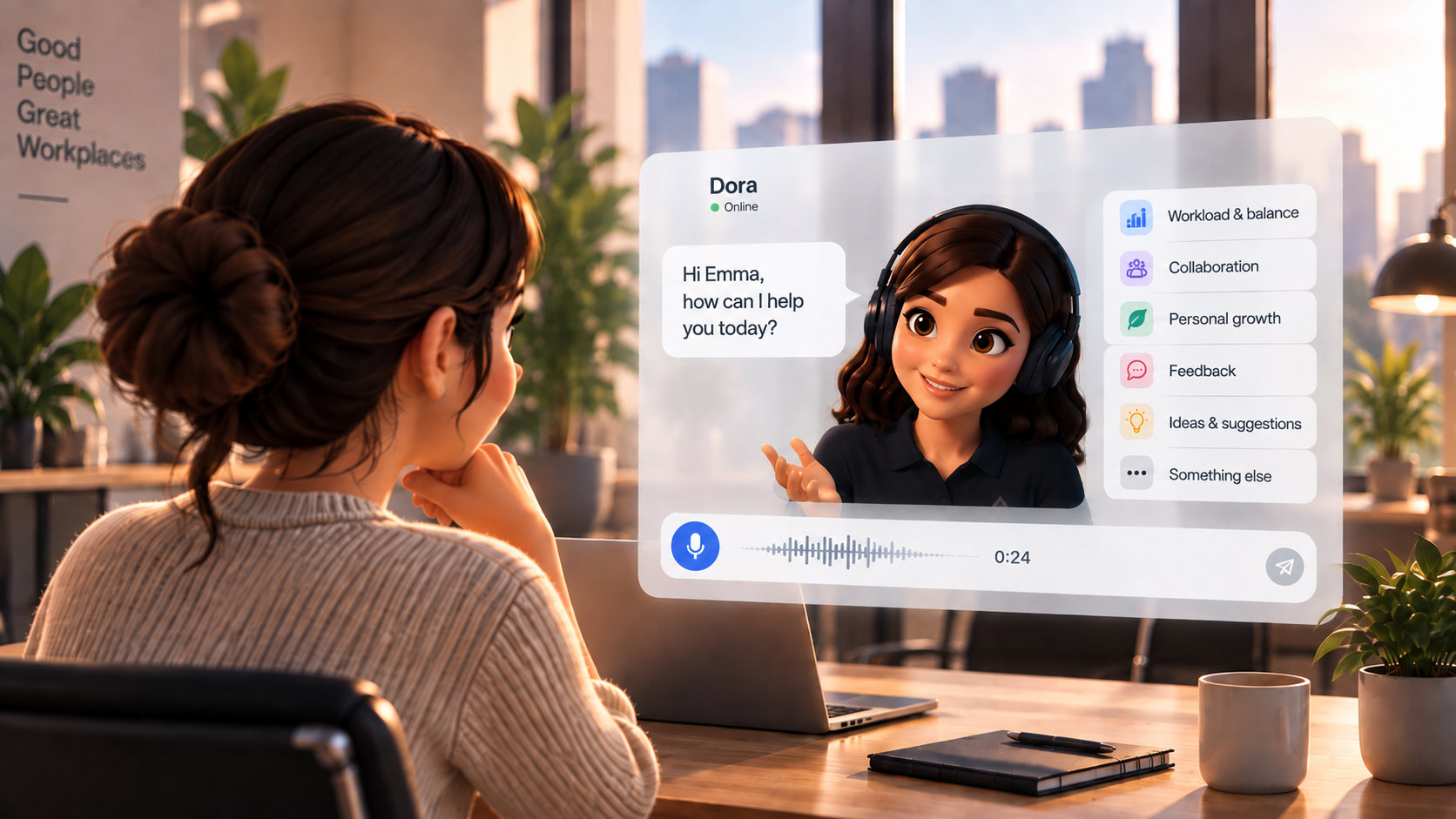 Dora AI Companion in een kantooromgeving
