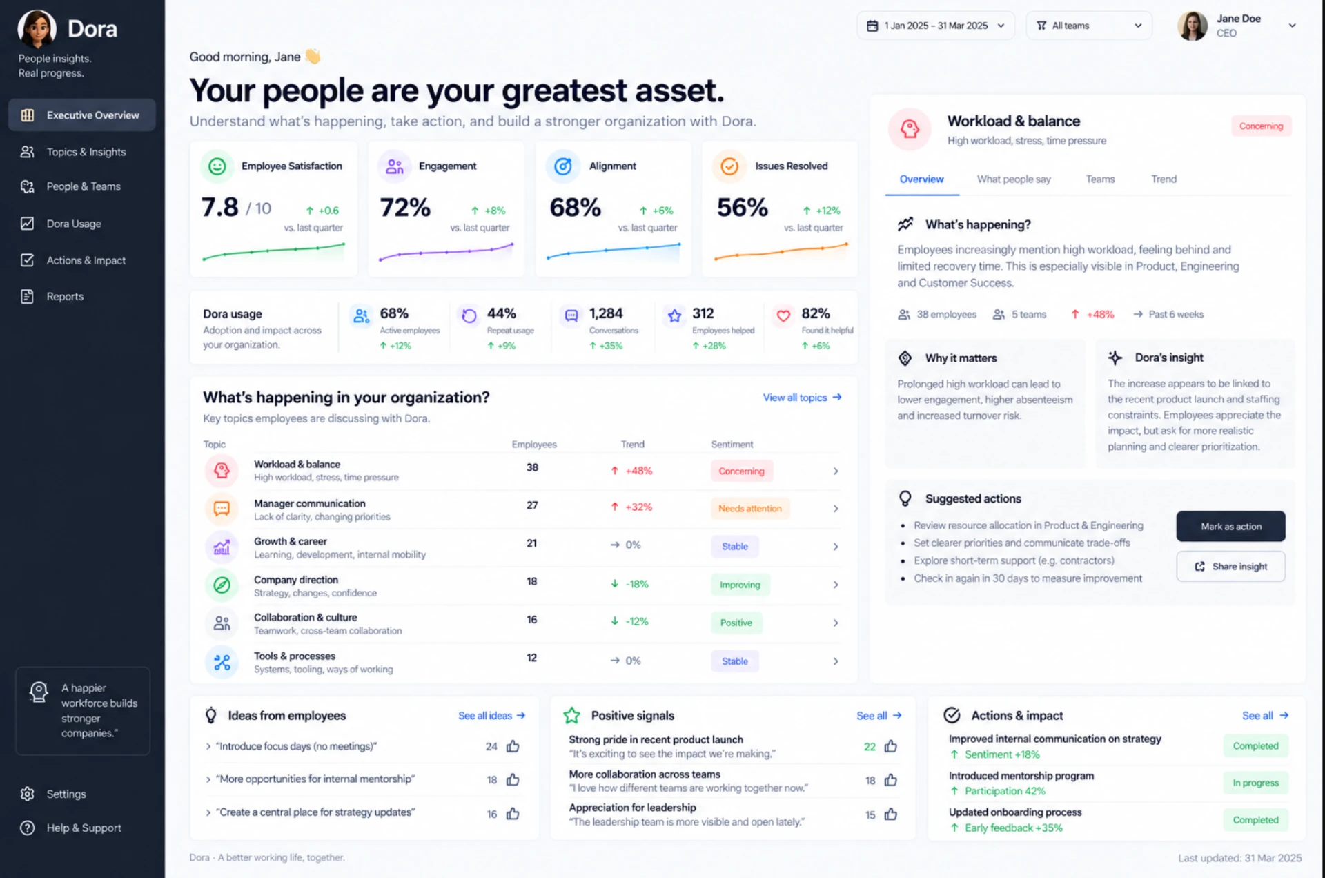 Dora productinterface: managementdashboard met organisatiethema's en signalen